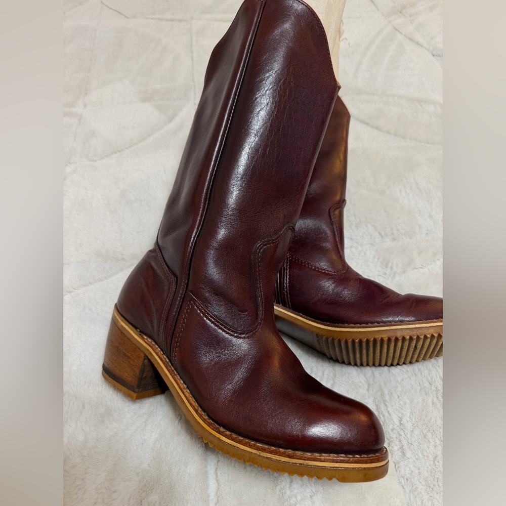 VINTAGE 70s! 🇺🇸 Bort Carleton 12” Burgundy Boho Campus Leather Western Boots 5.5